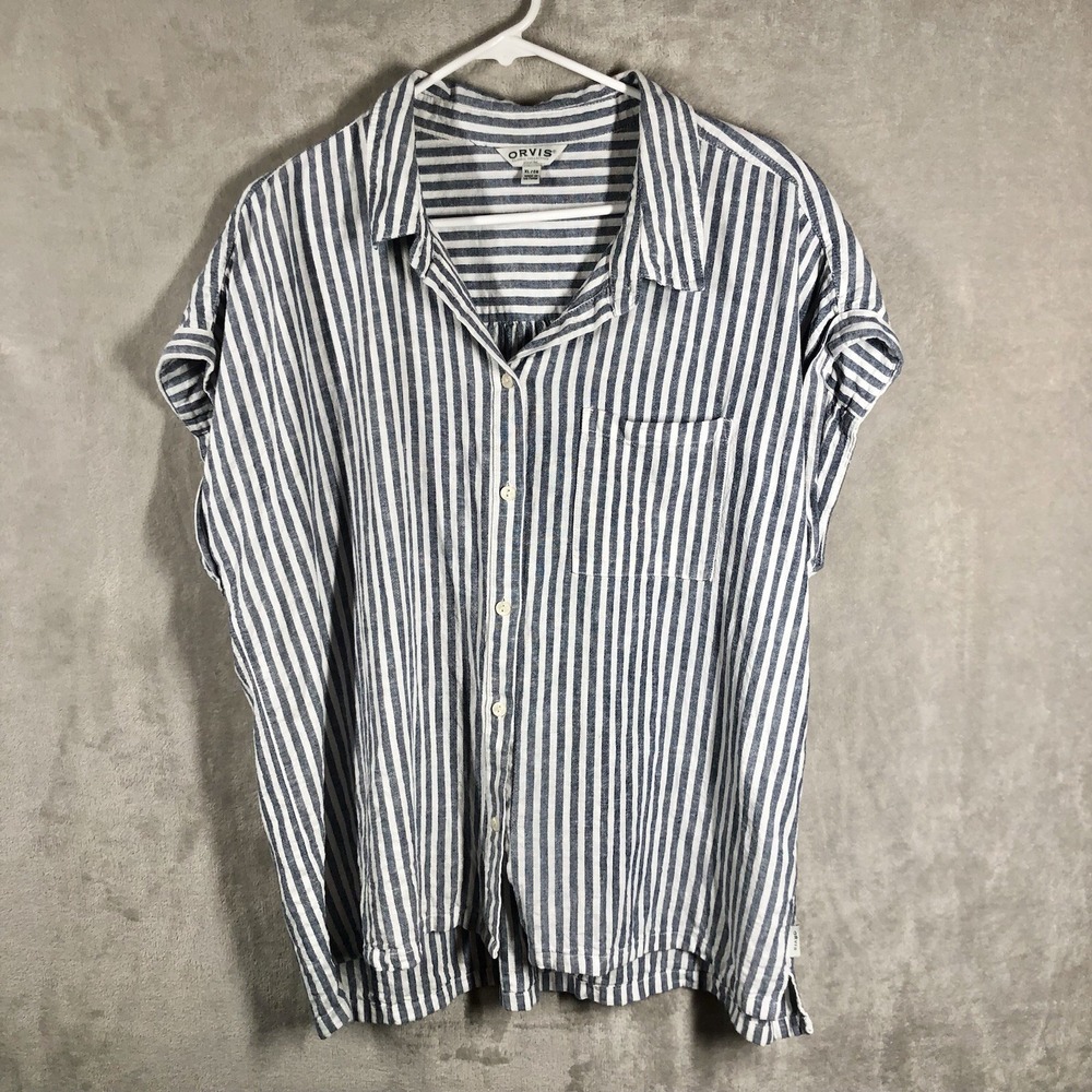 Orvis Striped Linen Shirt Women's XL Blue White Coastal Beach Nautical Resort
